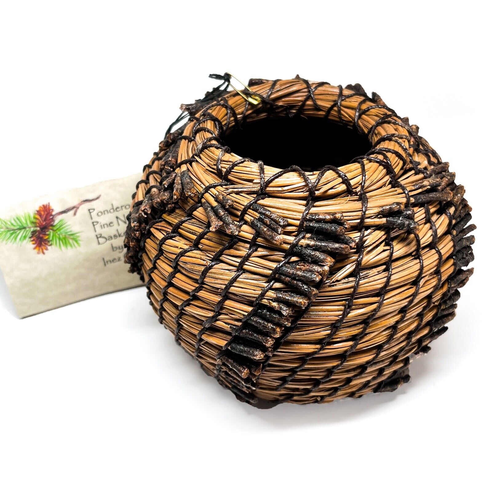 Pine Needle Basket Coiled Woven Natural Artisan Inez Gayl Bonwell Original Tag