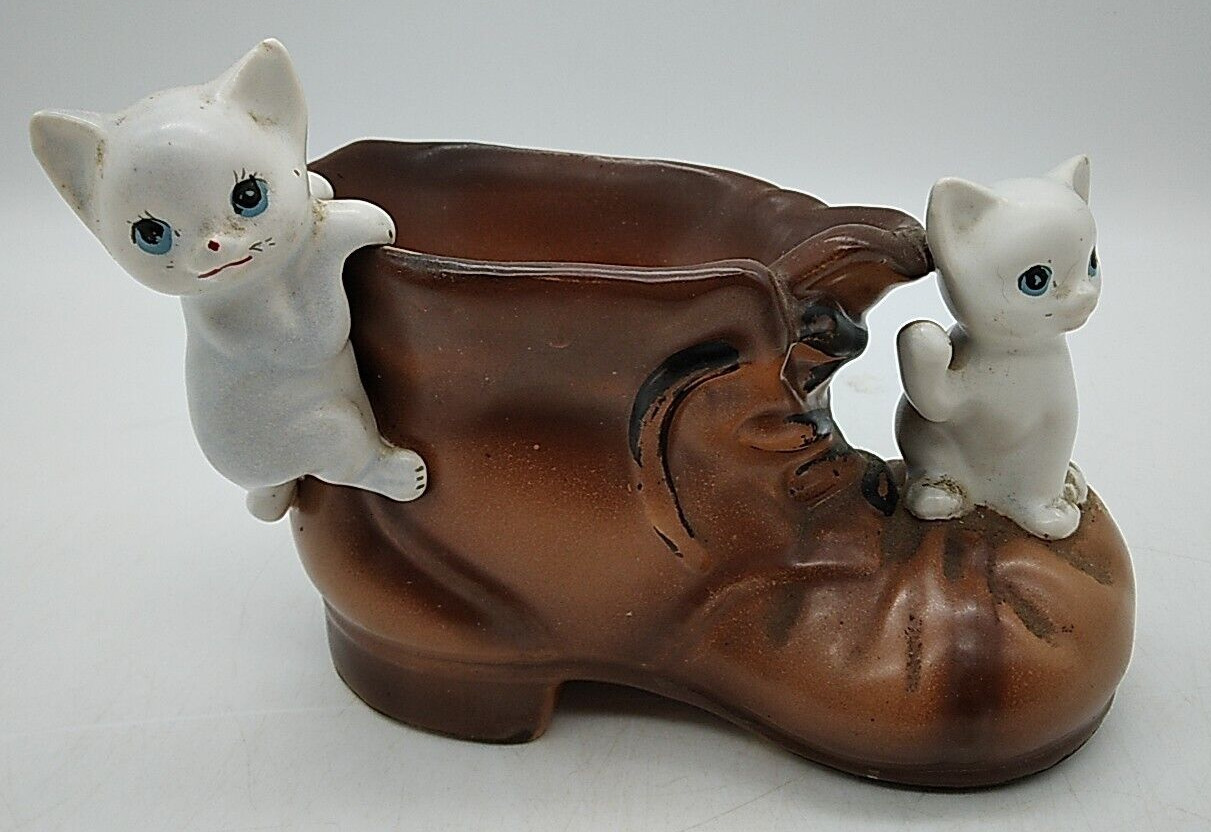 Vintage Enesco Kitten Cat Old Boot Shoe Planter Dish Japan Vase MCM 60\'s Pottery