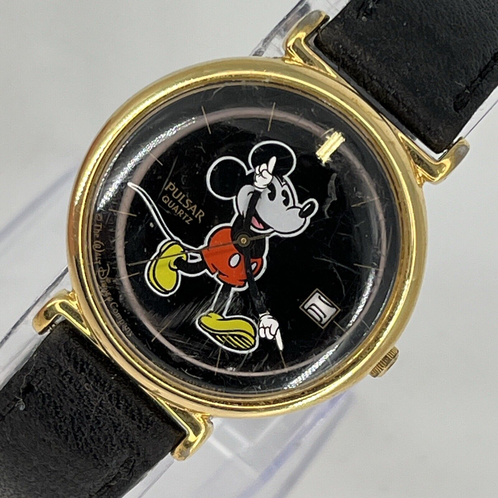 Pulsar Disney 044240 Mickey Mouse Watch Gold Tone Black Leather Band NEW BATTERY