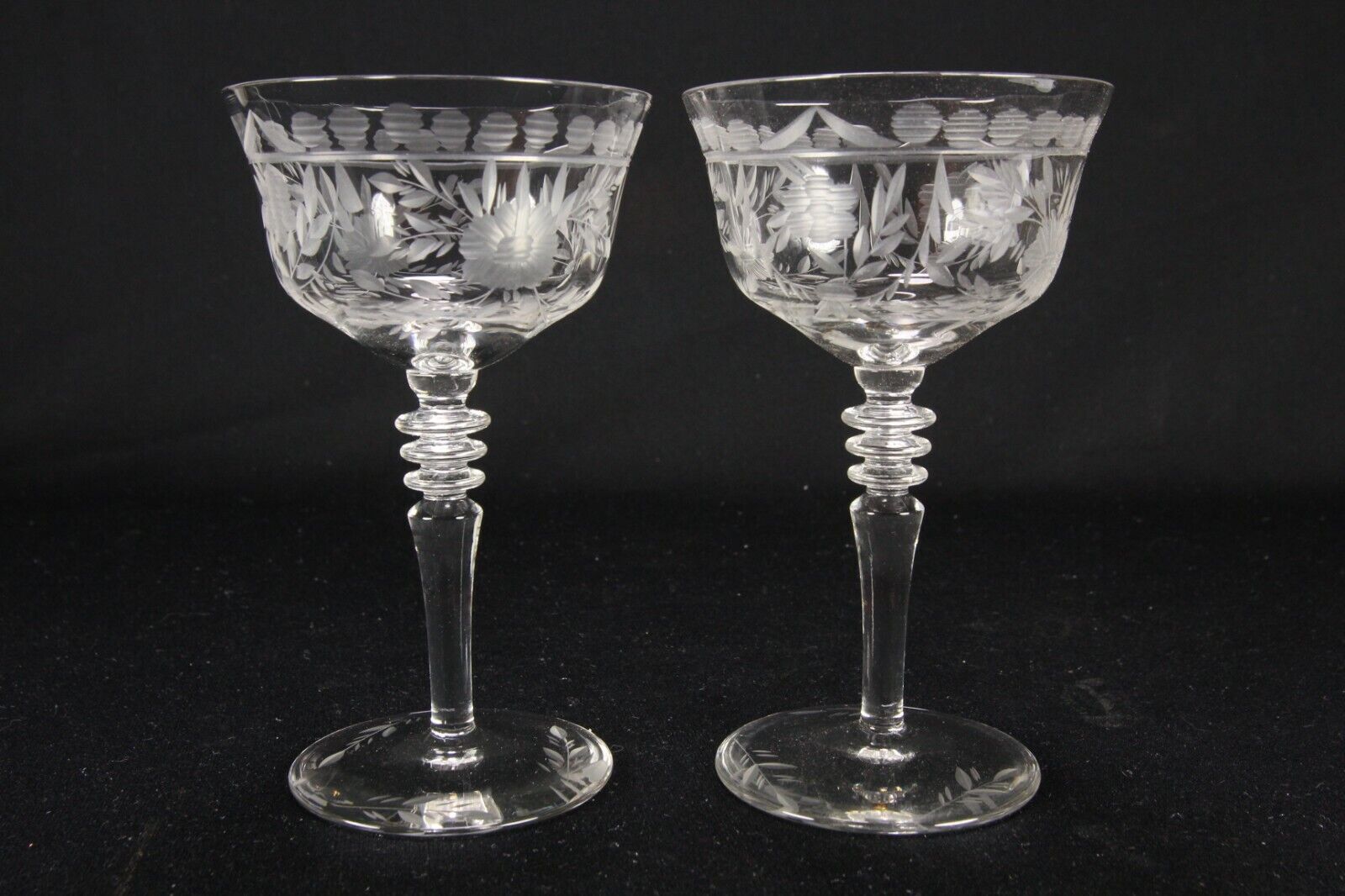 2 Crystal Etched Cocktail Champagne Stems Flowers Swags Elegant Stemware