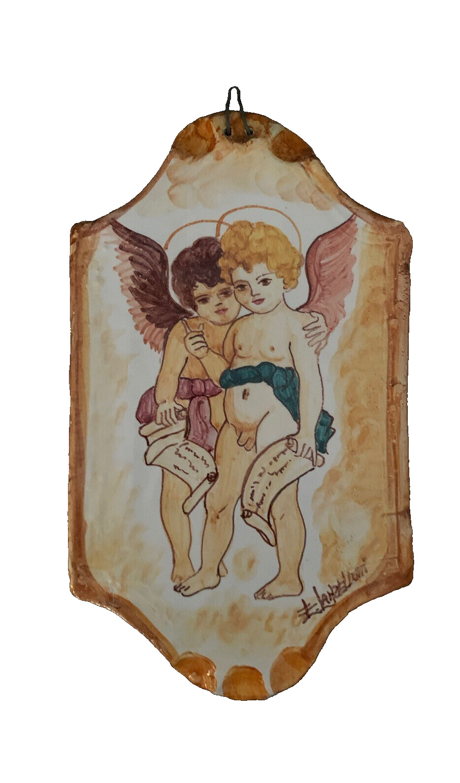 VINTAGE ITALIAN BOY ANGEL CERAMIC WALL PLAQUE Hand Painted Florence