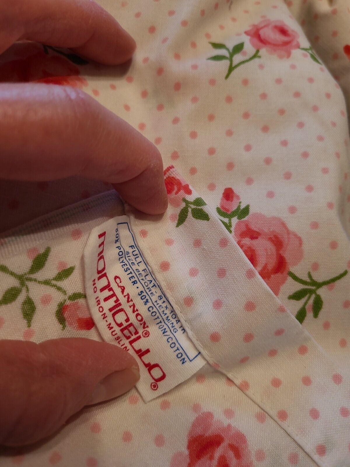 Vintage Cannon Monticello Full Flat & Fitted Sheet Pink Roses & Dots Made In USA