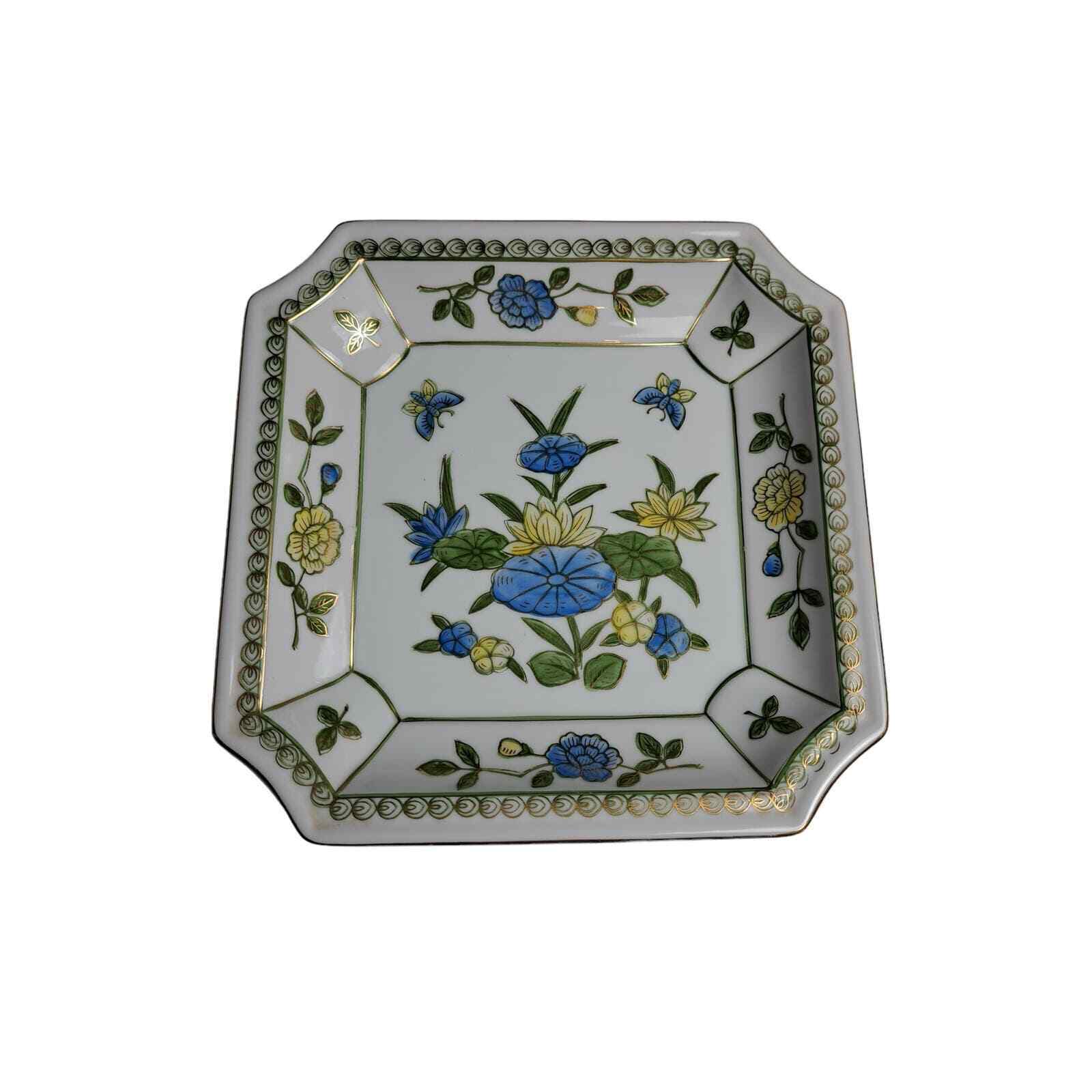 Andrea By Sadak Square Plate # 9001 Green Blue & Gold Florals MCM Contemporary