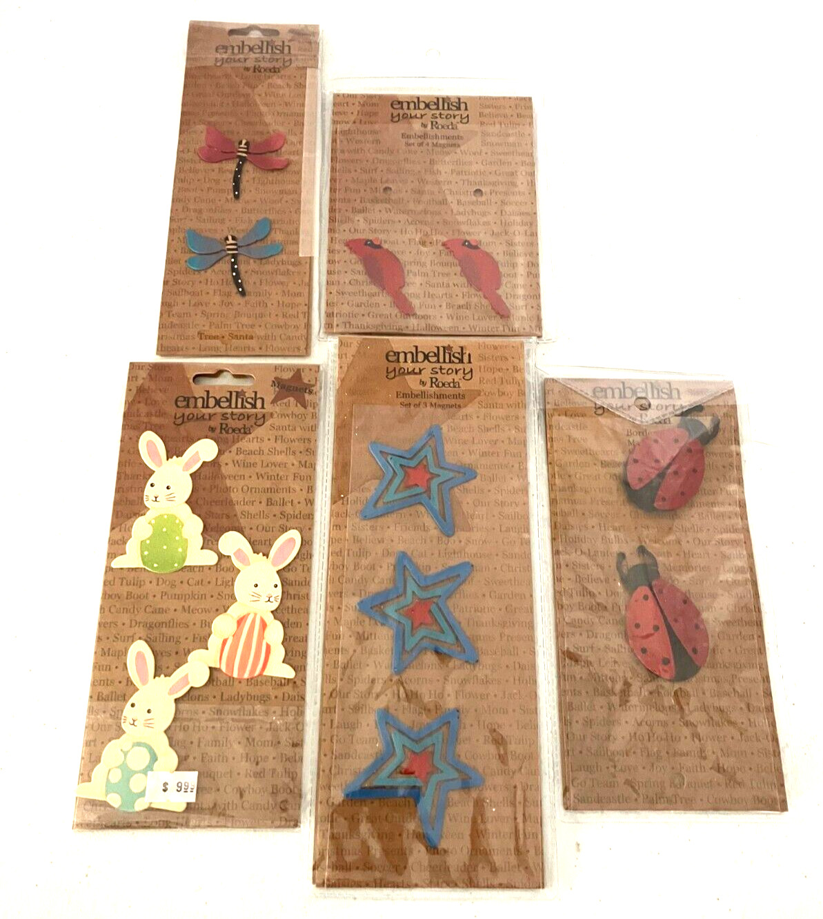 Embellish Your Story By Roeda 12 Magnets Cardinals, Ladybugs, Bunnies, Stars etc