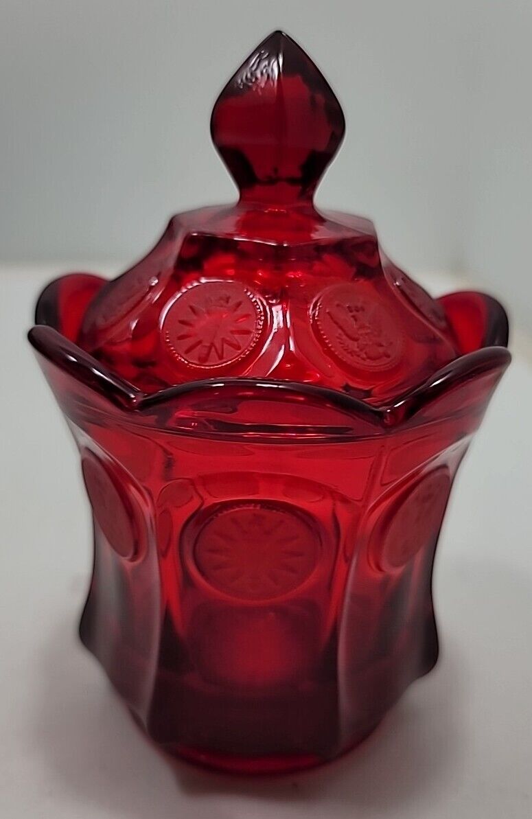 Vintage Fostoria Coin Glass Lidded Candy Dish Jar Red Crystal 1886