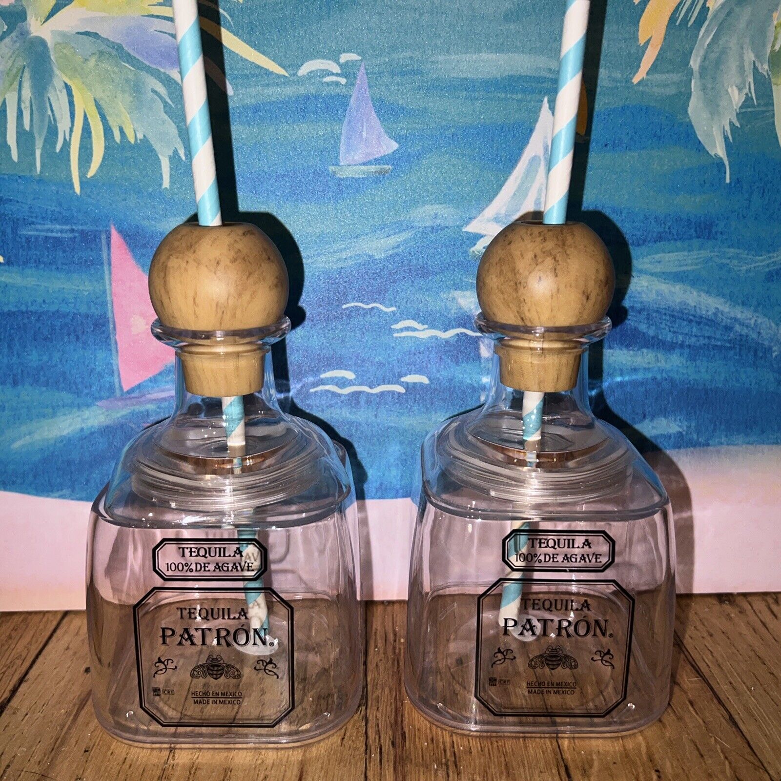 Patron Tequila. Acrylic Cocktail Bottle 11 Oz  Set Of 2 With Straws