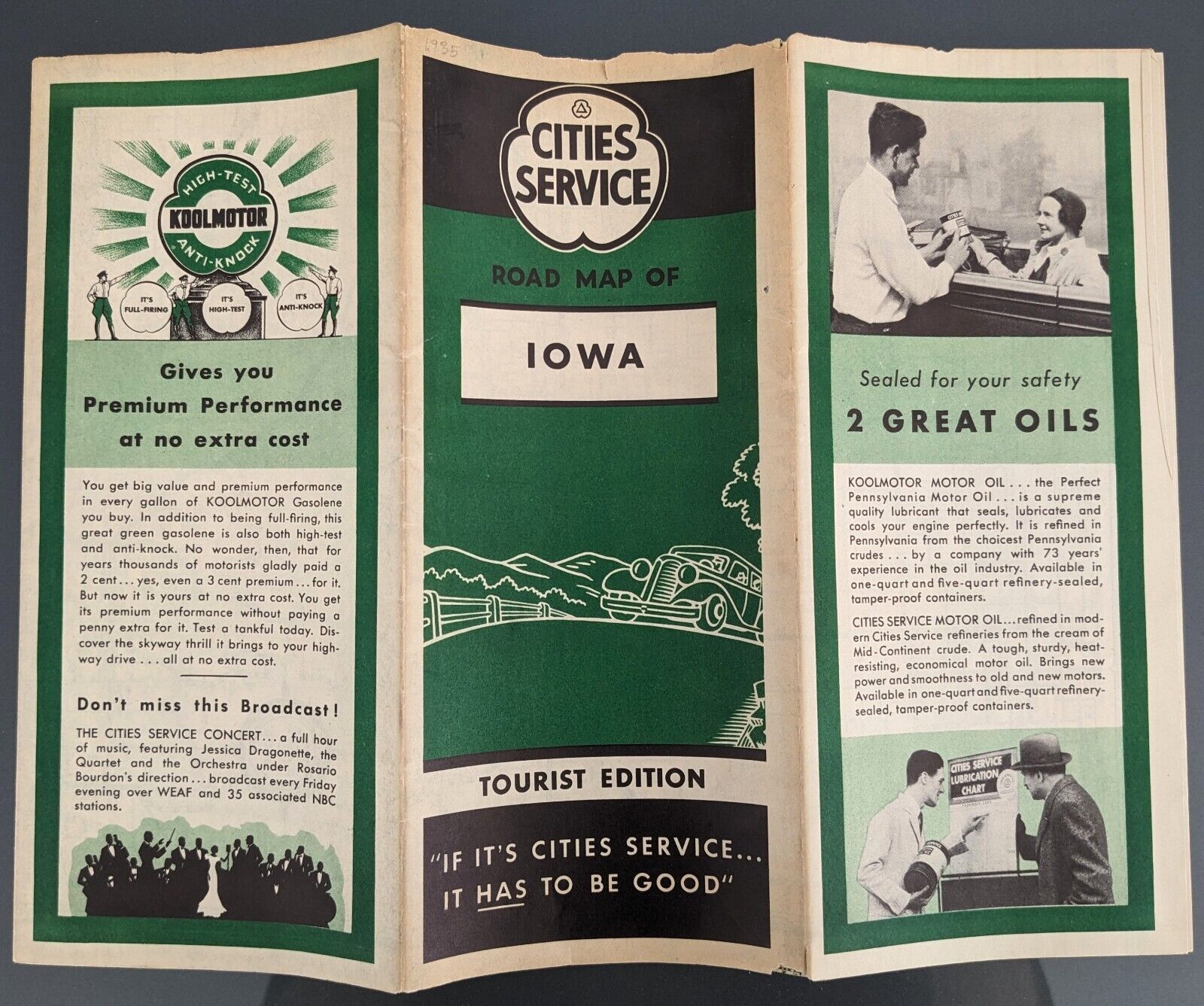 Cities Service 1935 Road Map of Iowa -- Shipping Included