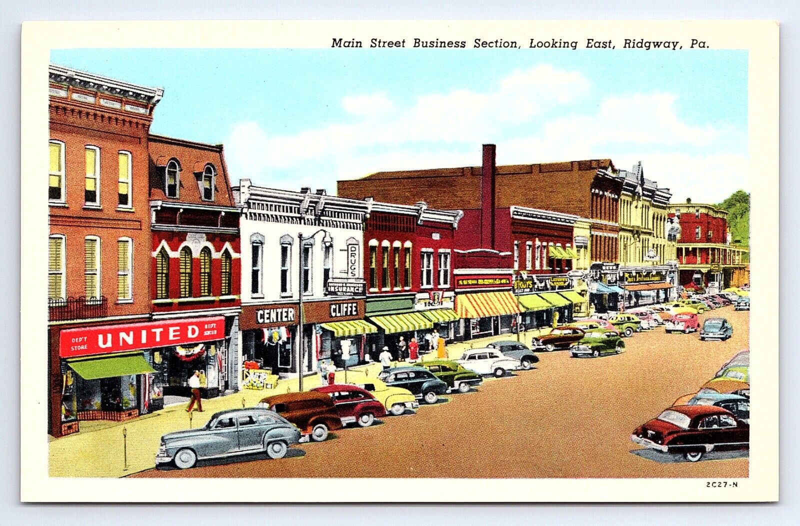 Postcard Ridgway Pennsylvania Main Street Business Section Old Cars Storefronts