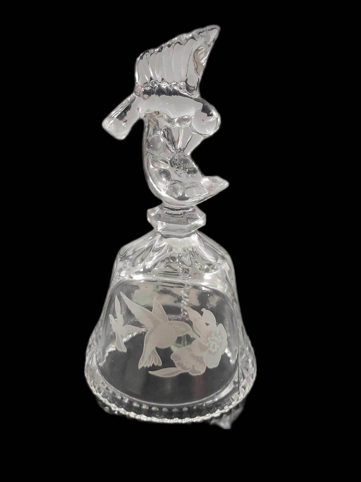 Vintage Artmark 1990 Etched Crystal Glass Bell Hummingbird Handle Sawtooth Rim