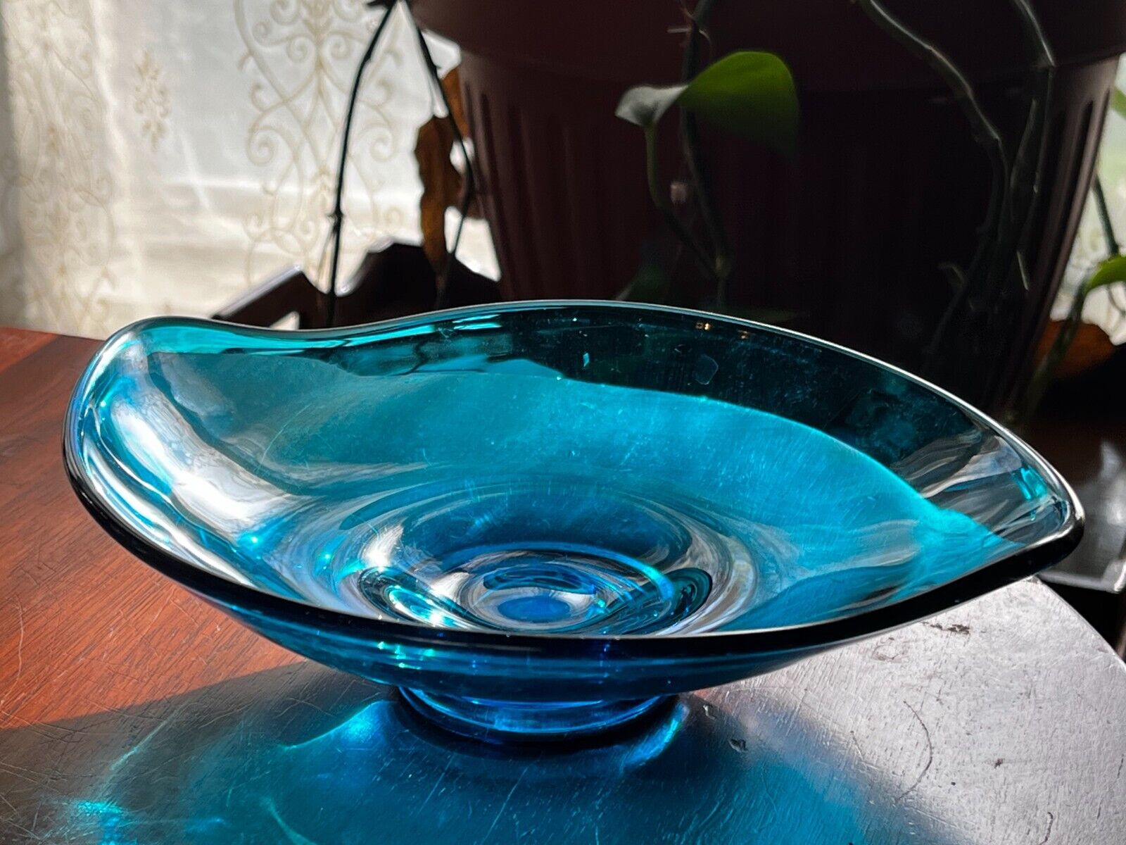 Mid Century Viking Art Glass Bluenique Candy Dish Bon Bon Bowl 8.5” Peacock Blue