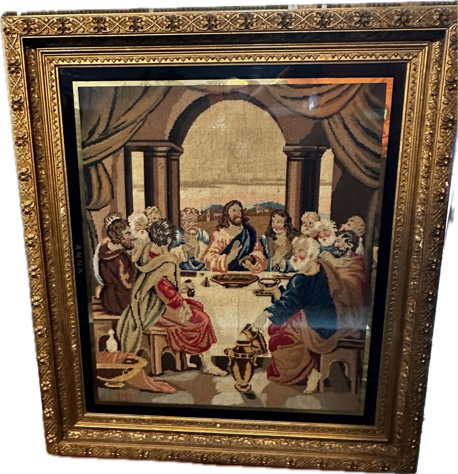 Holy Last Supper Needlepoint Canvas Ornate Gold Frame Vtg Exquisite Large Unique