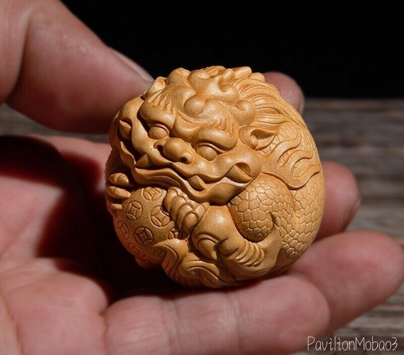 Boxwood Carved Pi Xiu Ball Statue Chinese Amulet Pendant Decor