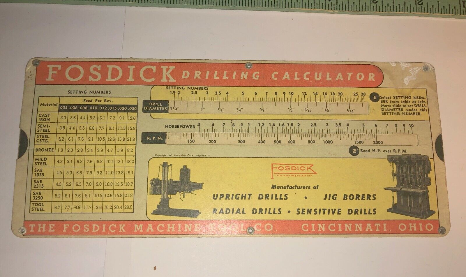 Vintage Slide rule Fosdick Drilling calculator upright drills radial drills