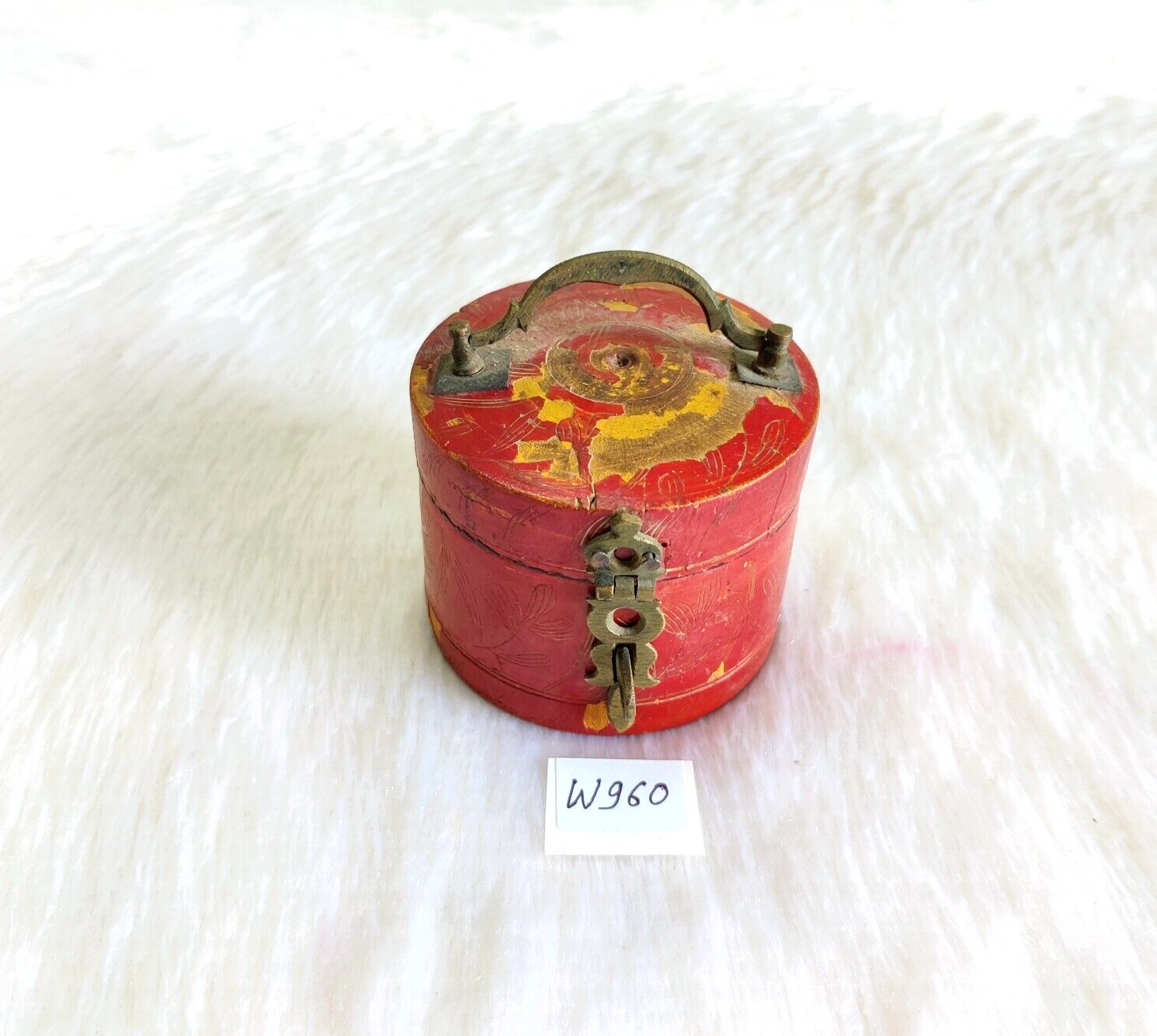 Antique Red Yellow Lacquered Handmade Wooden Box Round Brass Latch & Handle W960