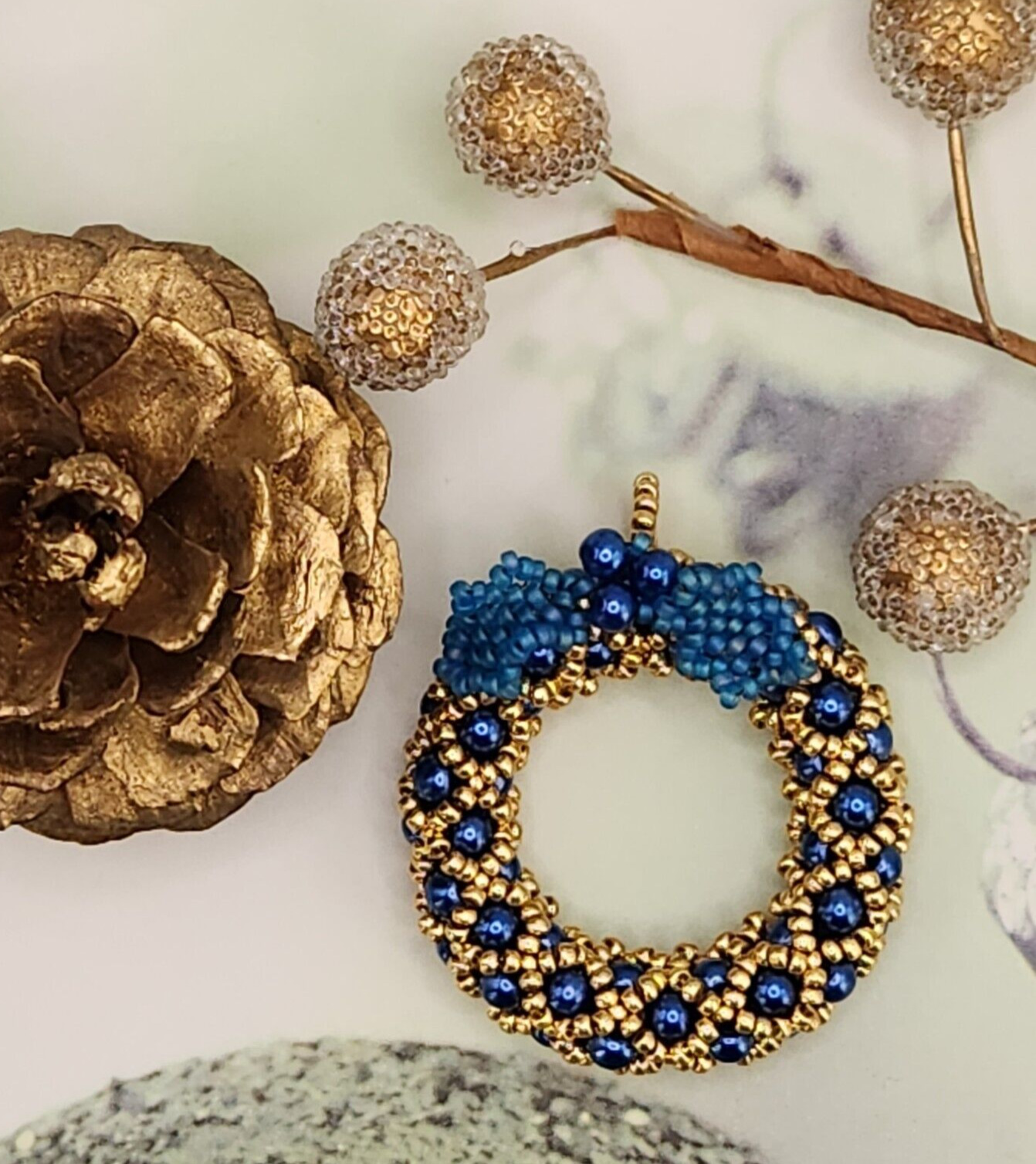 Mini Wreath 3D Christmas Ornament Handmade Beaded Blue and Gold