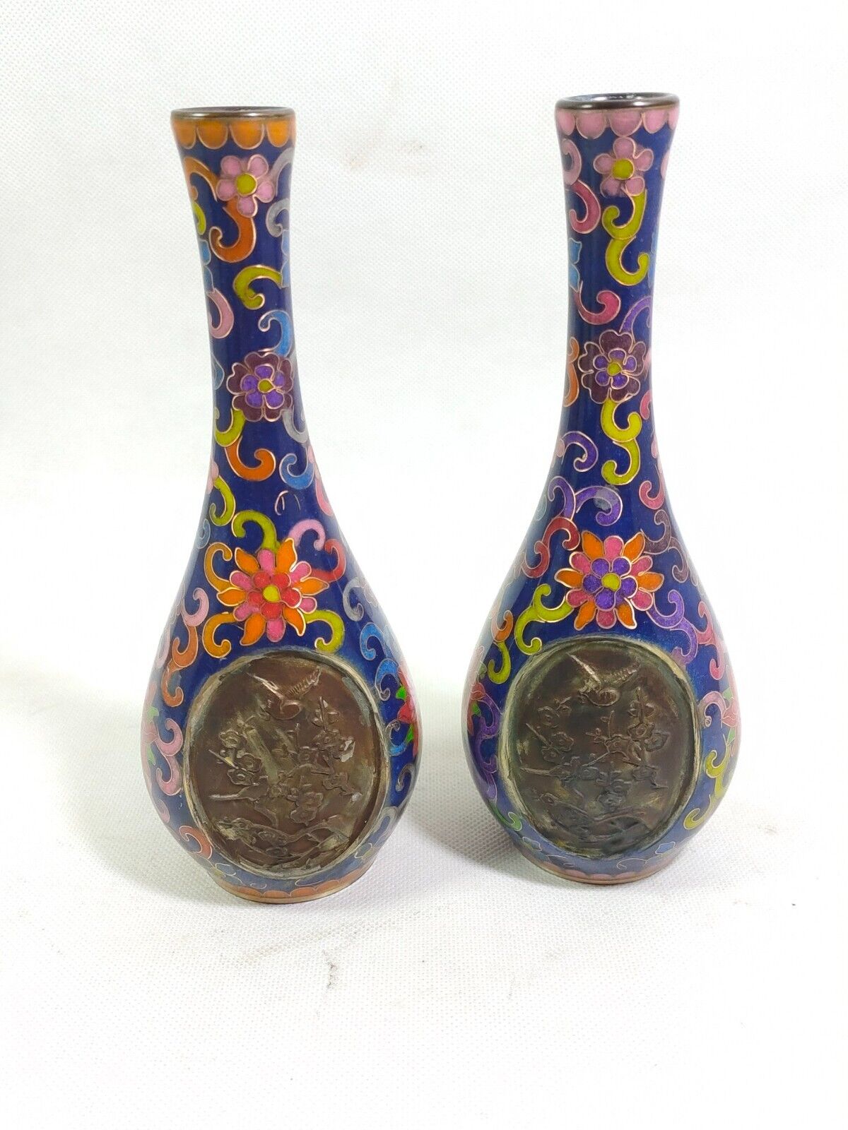 Exquisite old bronze copper Cloisonne enamel carved bird flower bottle pair vase