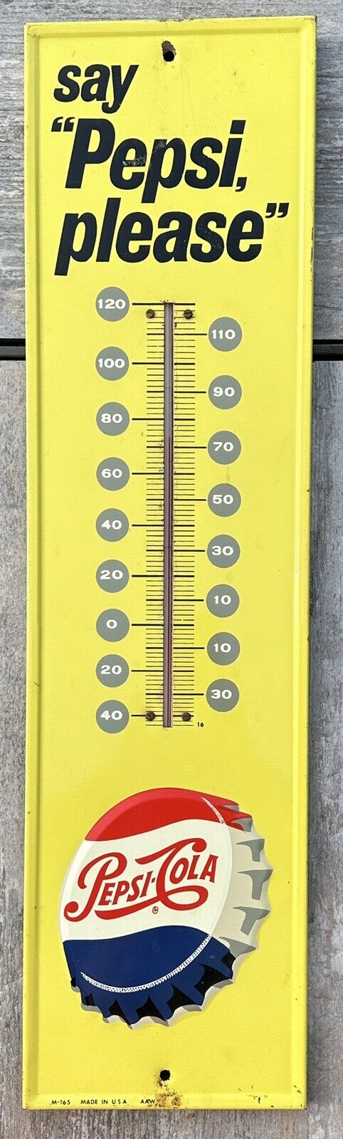 Vintage Say Pepsi Please Wall Thermometer M-165 Raised Bottle Cap Yellow