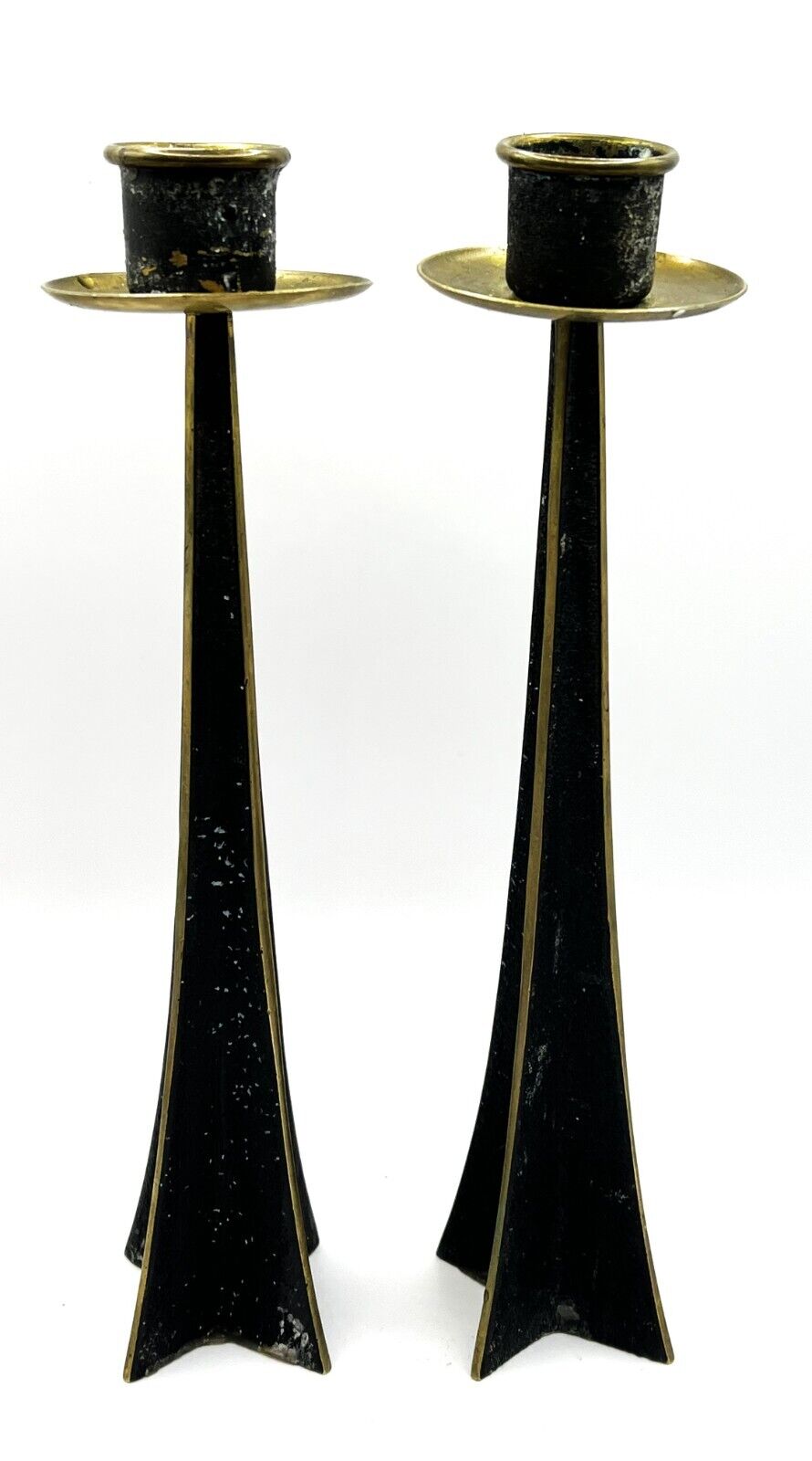 Pair of MCM Brutalist Heavy Painted Brass Candlesticks
