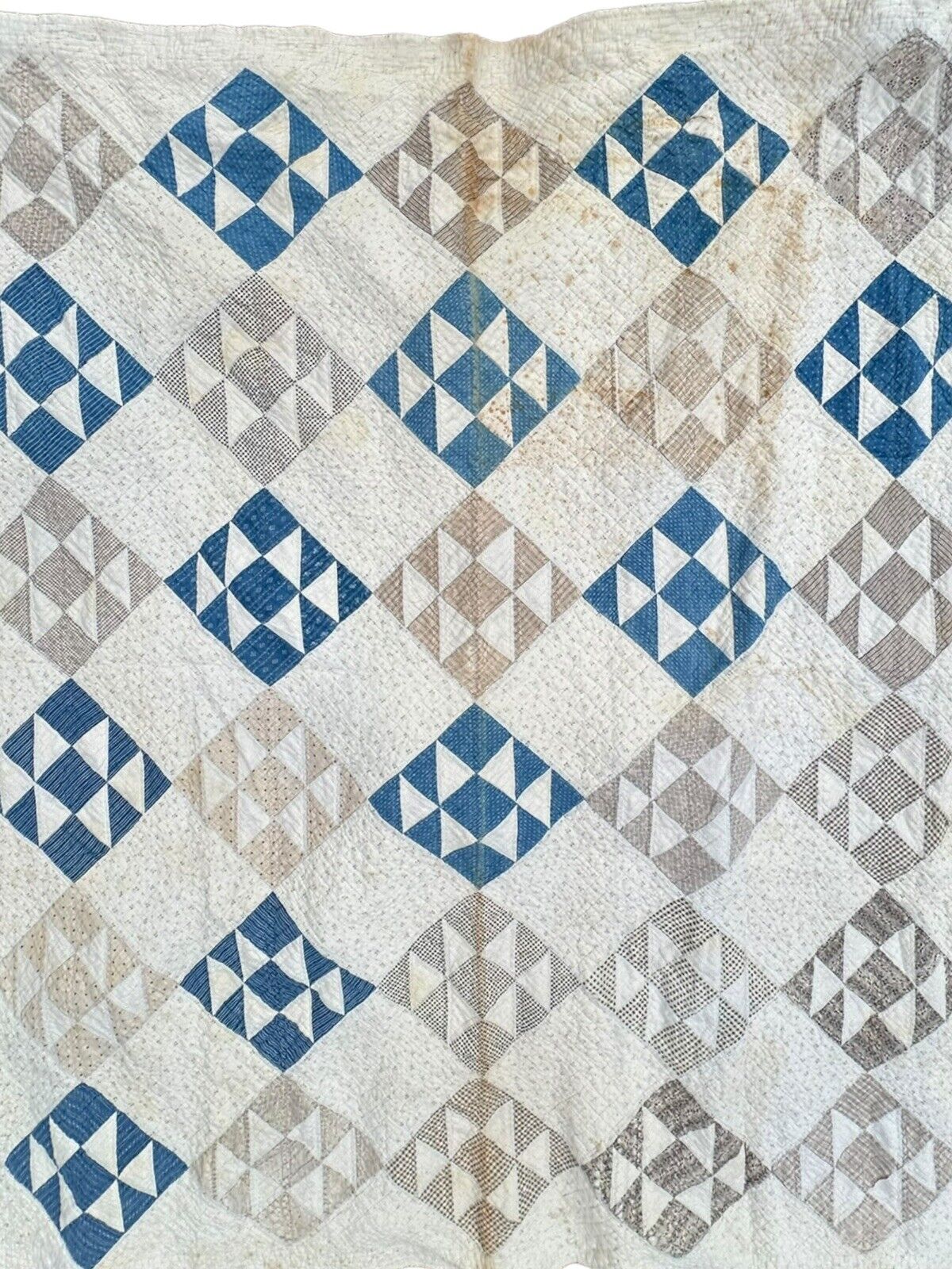 Vintage HANDMADE Patchwork Quilt, Very Old Blue, White, Beige. 60x71. 1920’s??