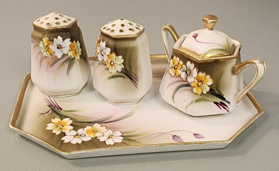 Antique Porcelain Nippon Tray  Salt & Pepper Sugar Bowl Set Floral Purple Gold