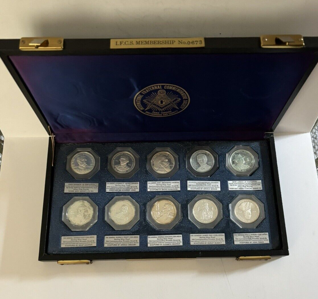 VINTAGE MASONIC IFCS COMMEMORATIVE STERLING SILVER PROOF SET 11th-20th IN CASE