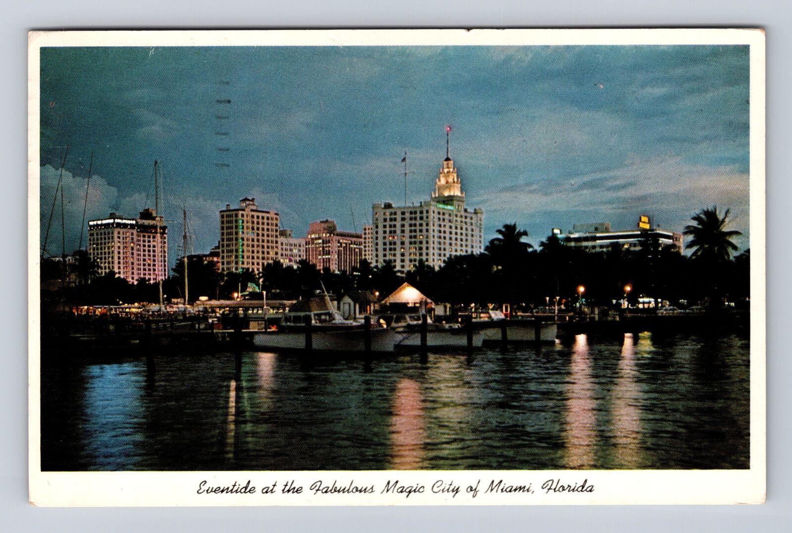 Miami FL-Florida, Skyline of Miami at Dusk, Antique Vintage Souvenir Postcard