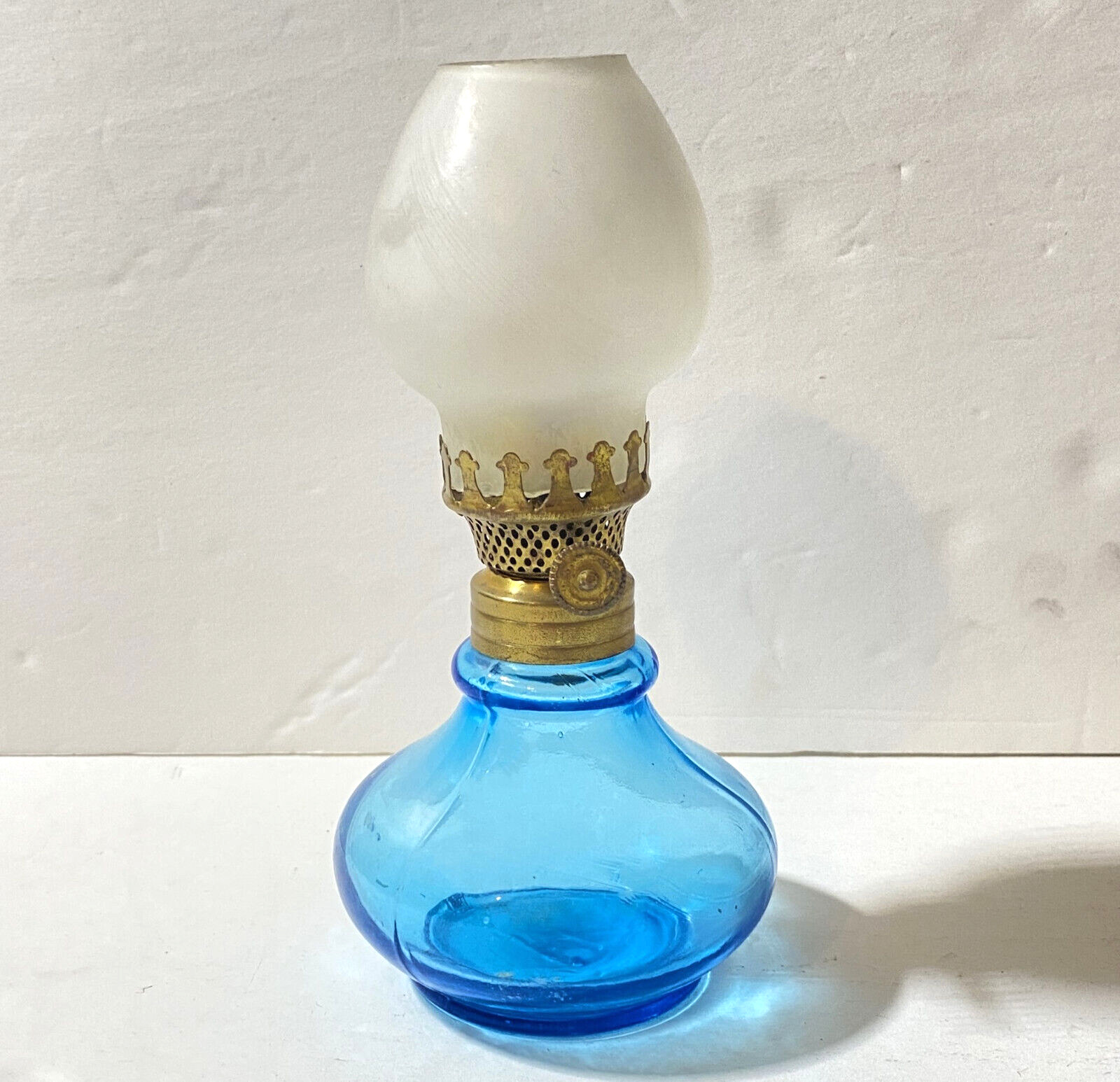 Antique Miniature Oil Lamp Royal Blue Glass Lantern Tulip Globe