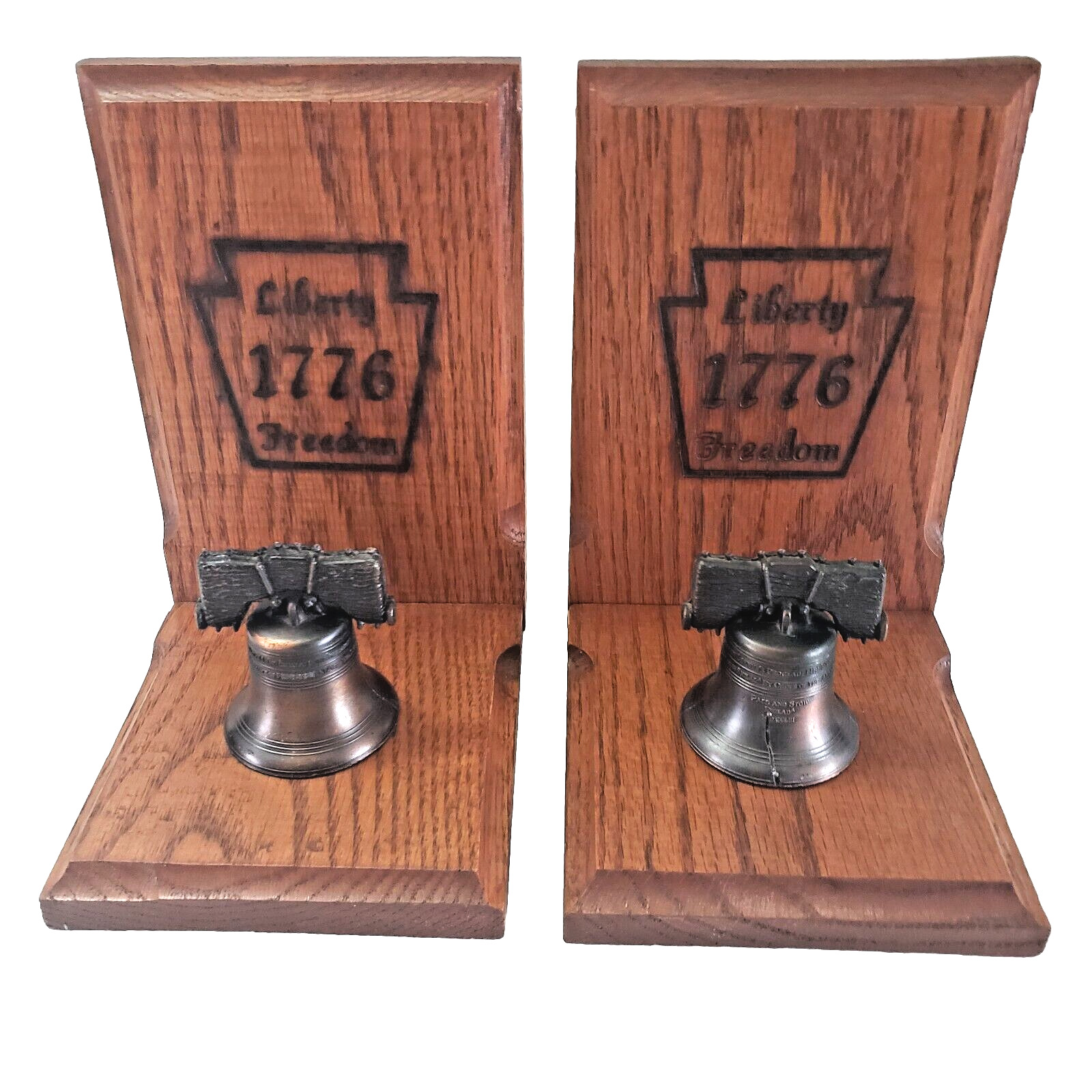 Liberty Bell Bookends Wooden & Bronze 1776 Freedom Philadelphia - Vintage