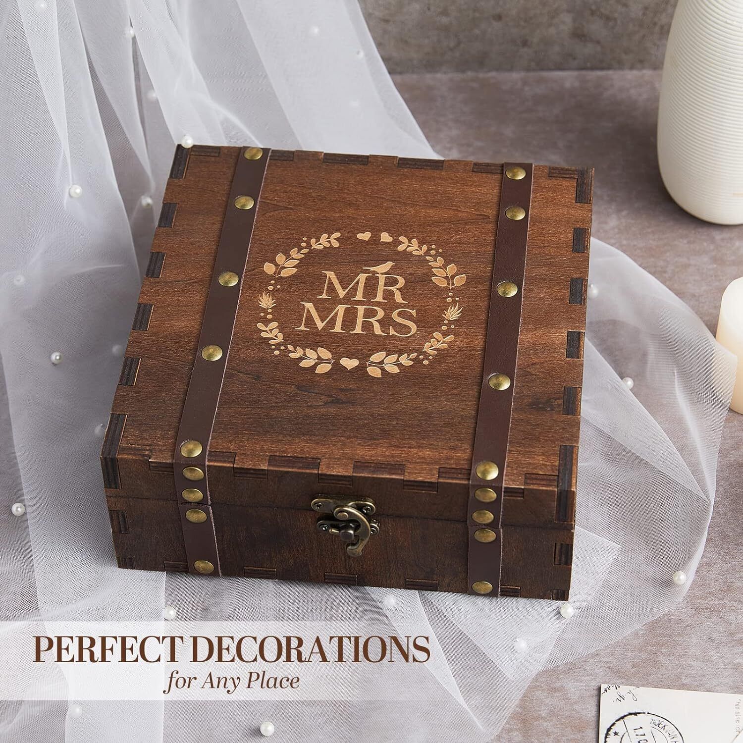 Vintage Medium Wood Memory Box Wedding Keepsake With Lid Handcrafted Art Decor