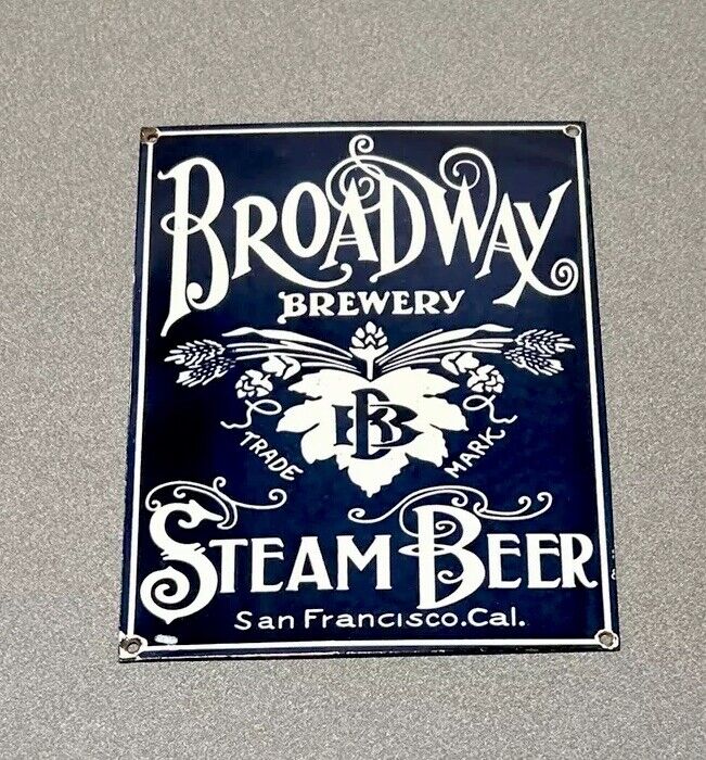 VINTAGE 12” VERY RARE BOADWAY STEAM BEER ALCOHOL PORCELAIN SIGN CAR GAS AUTO OIL