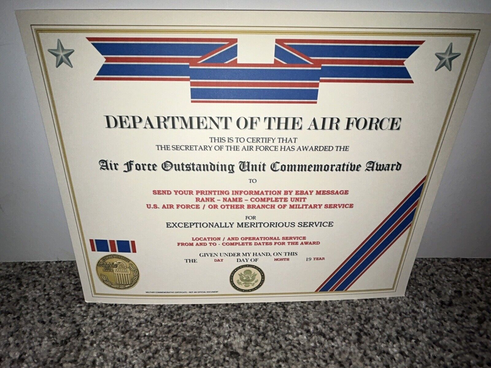AIR FORCE OUTSTANDING UNIT AWARD COMMEMORATIVE CERTIFICATE ~ TYPE-2 / W/PRINTING