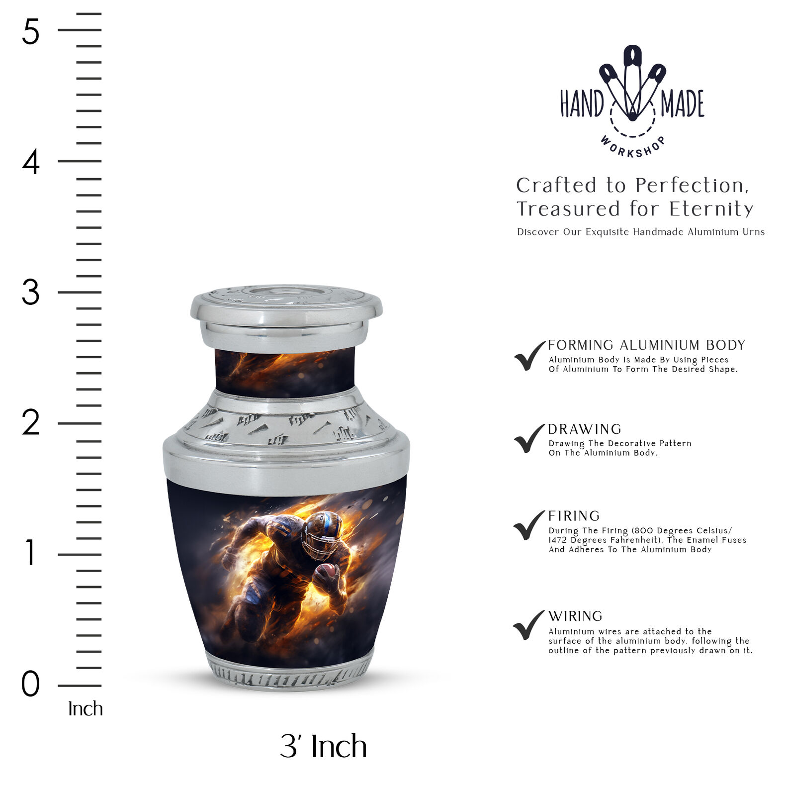 Flaming Football Player Small Cremation Urns For Human Ashes 3 Inch Urns