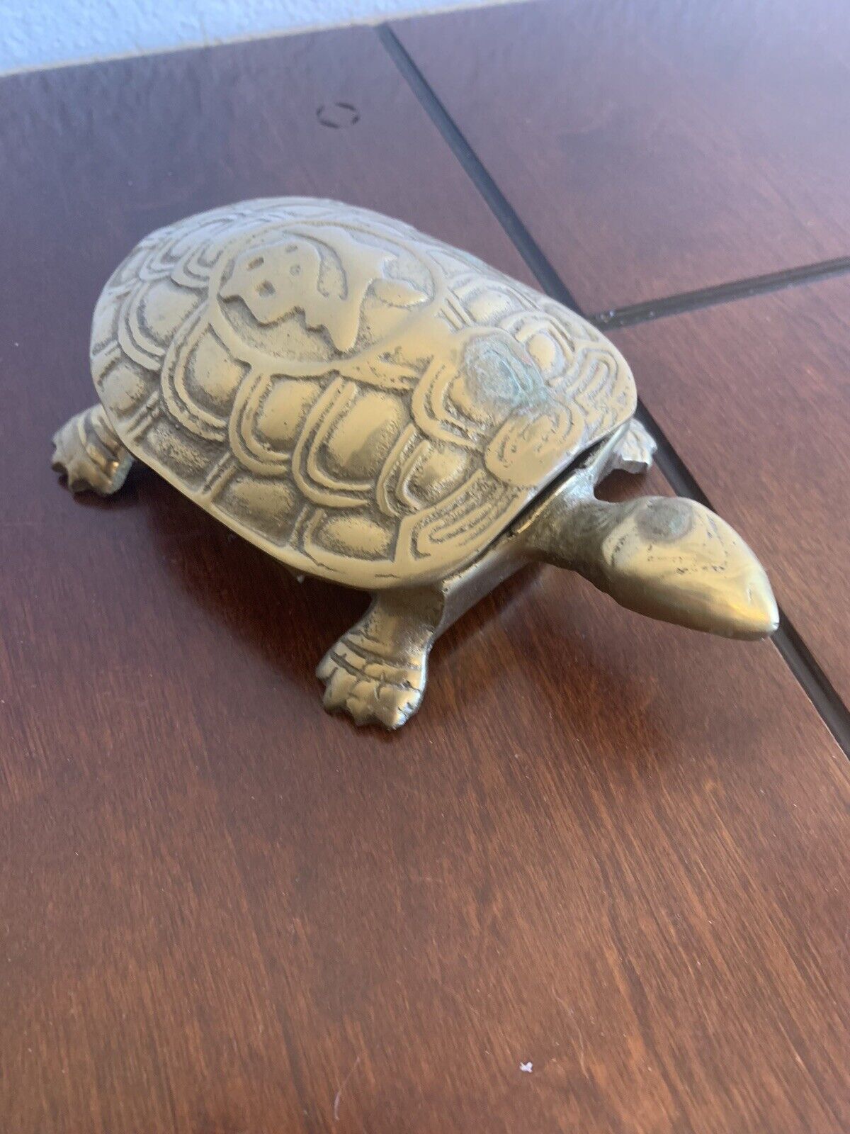 Vintage Solid Brass Turtle Figure Box Trinket Hinged Lid 6”x 3.5”