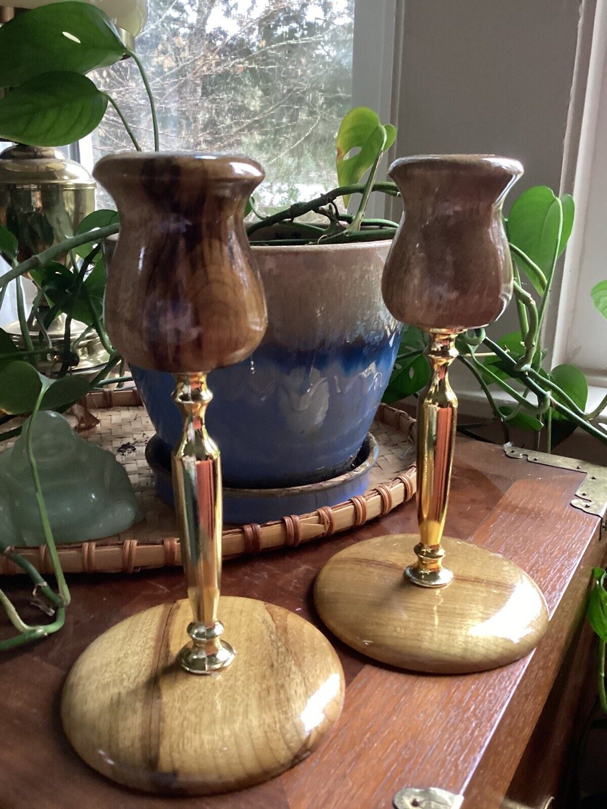 Vintage MCM Myrtlewood Candlestick Holders Brass Depoe Bay Oregon 7.5” Tall