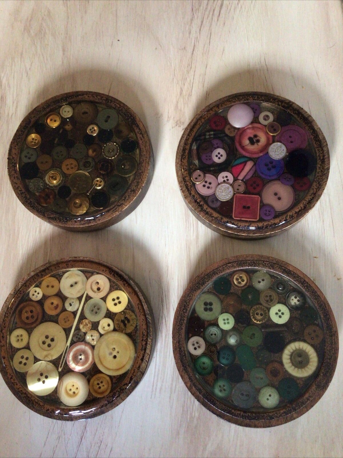 Rare Button Coaster Set Wood Vintage Primitive Resin Acrylic?