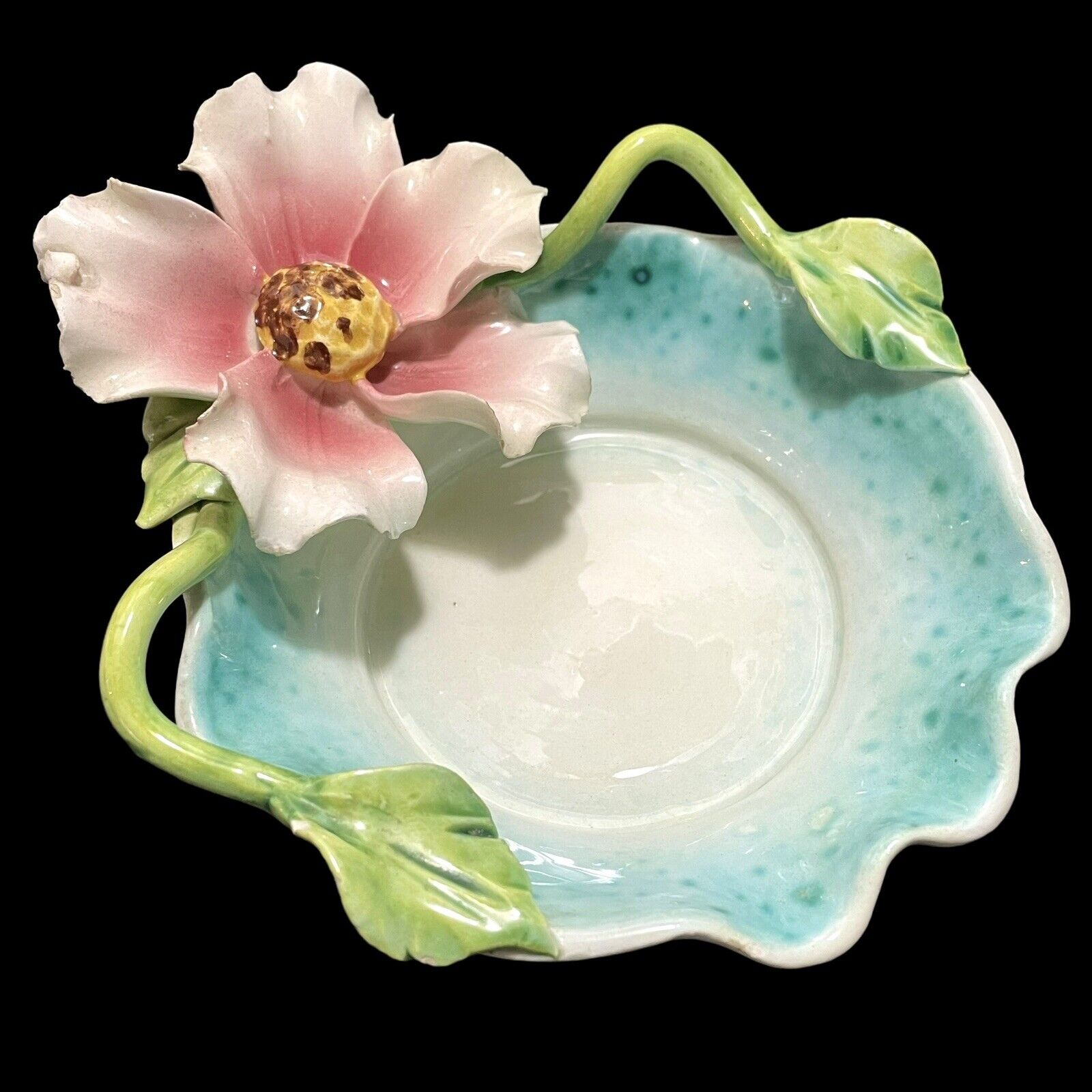 Vintage 1950s Italian Majolica Pottery Trinket Dish / Ashtray Handmade Flower
