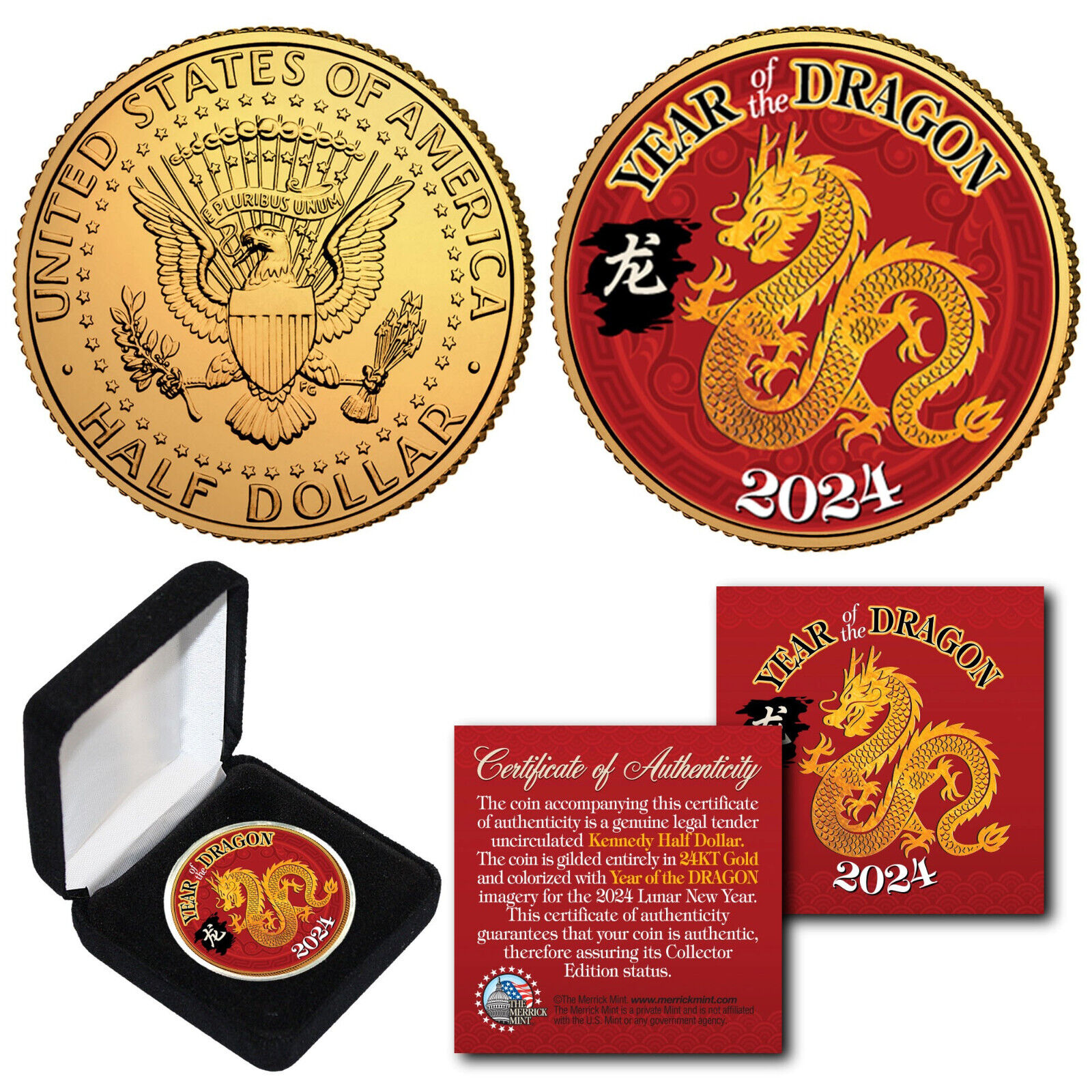 2024 Chinese New YEAR OF THE DRAGON 24K Gold Plated JFK Half Dollar Coin w/ BOX