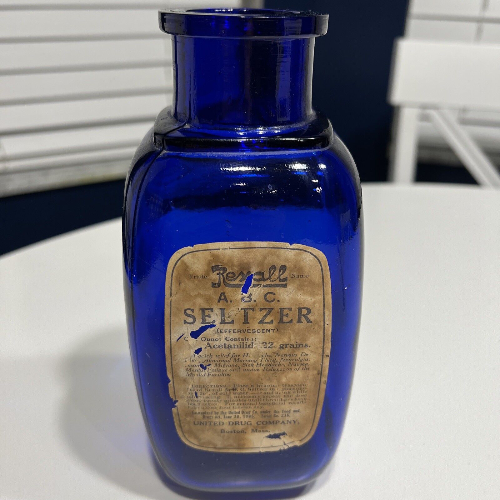 Vintage 1906 REXALL Cobalt Blue Glass~United Drug Co. ABC Seltzer 8” Tall Bottle