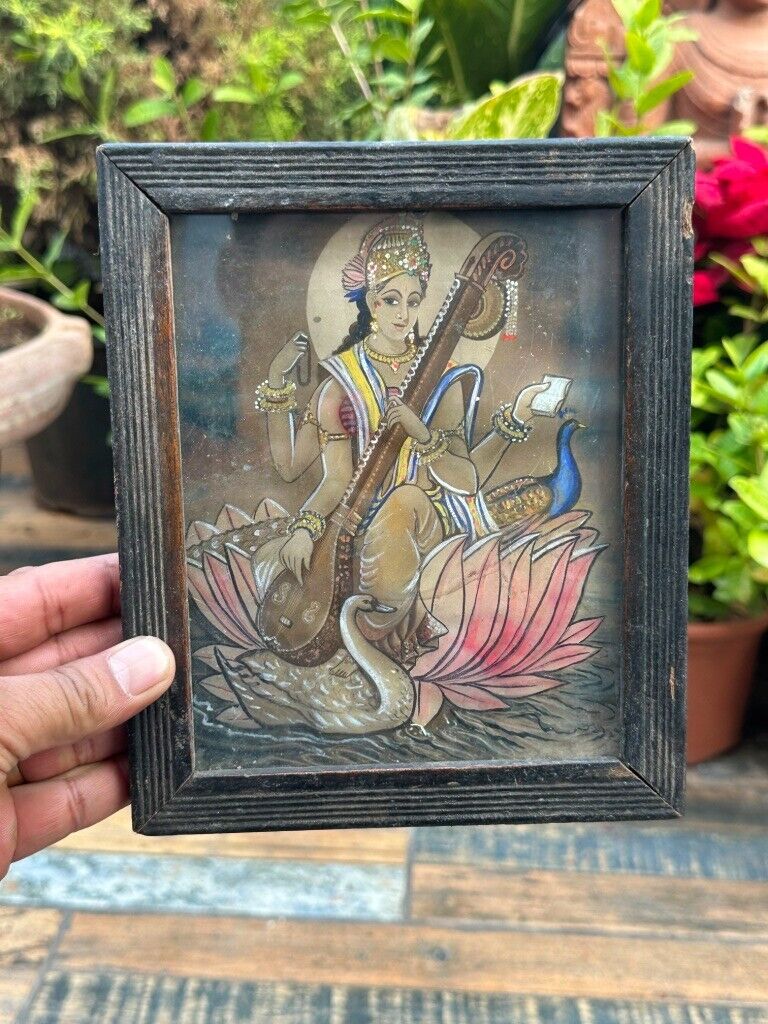 Antique Old Hindu Goddess Sarswati Beautiful Oil Painting  Framed Rare