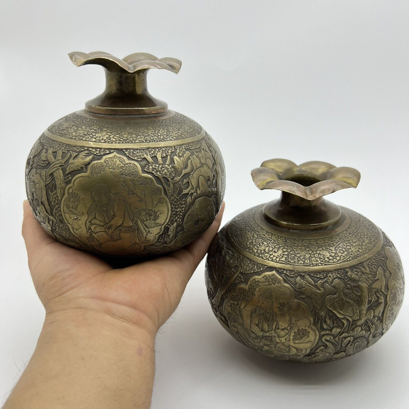 Vintage 1950 Set 2 Pc Small Vases For Flowers Brass Very Rare Engraved Iranian