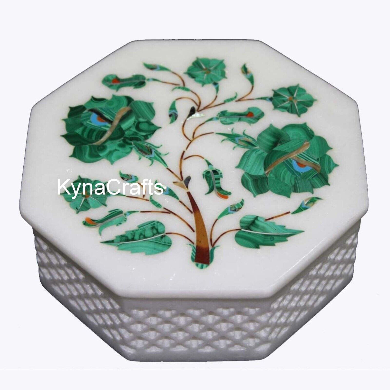 Inlaid with Malachite Stone Candy Box White Marble Jewelry Box from Heritage Art