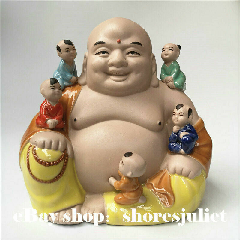9 China Wucai Pottery porcelain Ceramic Maitreya Buddha 5 Tongzi Boy 五子闹佛 Statue