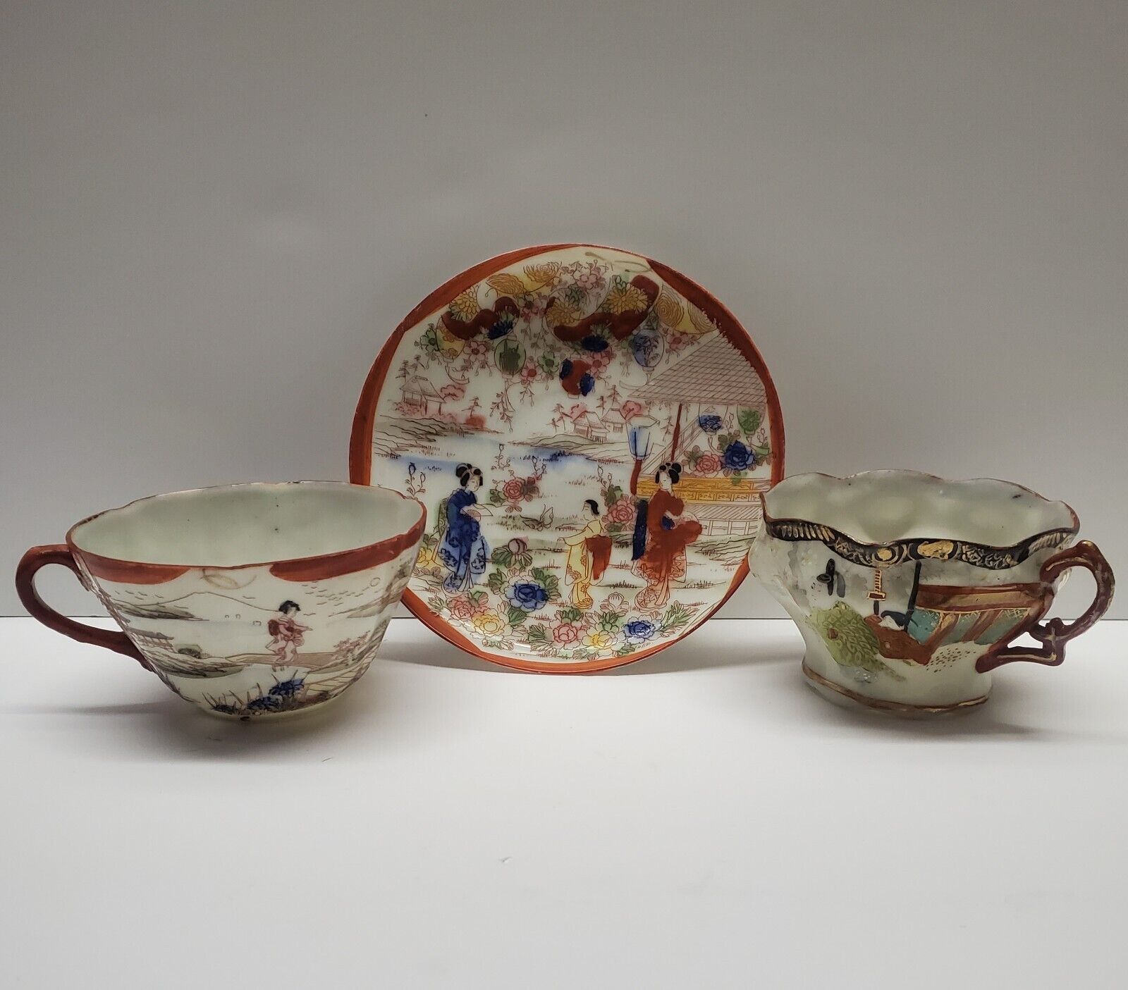 Antique 3pcs Japanese Bone China Teacups & Saucer Damage On Saucer Read