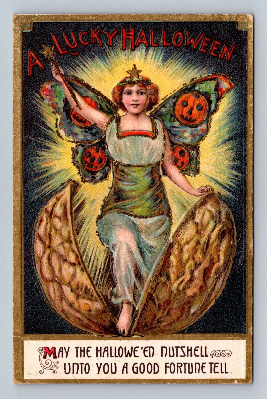 Vintage Halloween Postcard Glitter Lucky Jack O' Lantern Fairy Nutshell