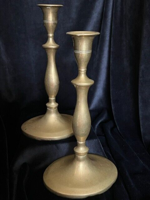 Pair Antique Vintage Solid Brass Oval Candlesticks 9 ¾” Candle Holders