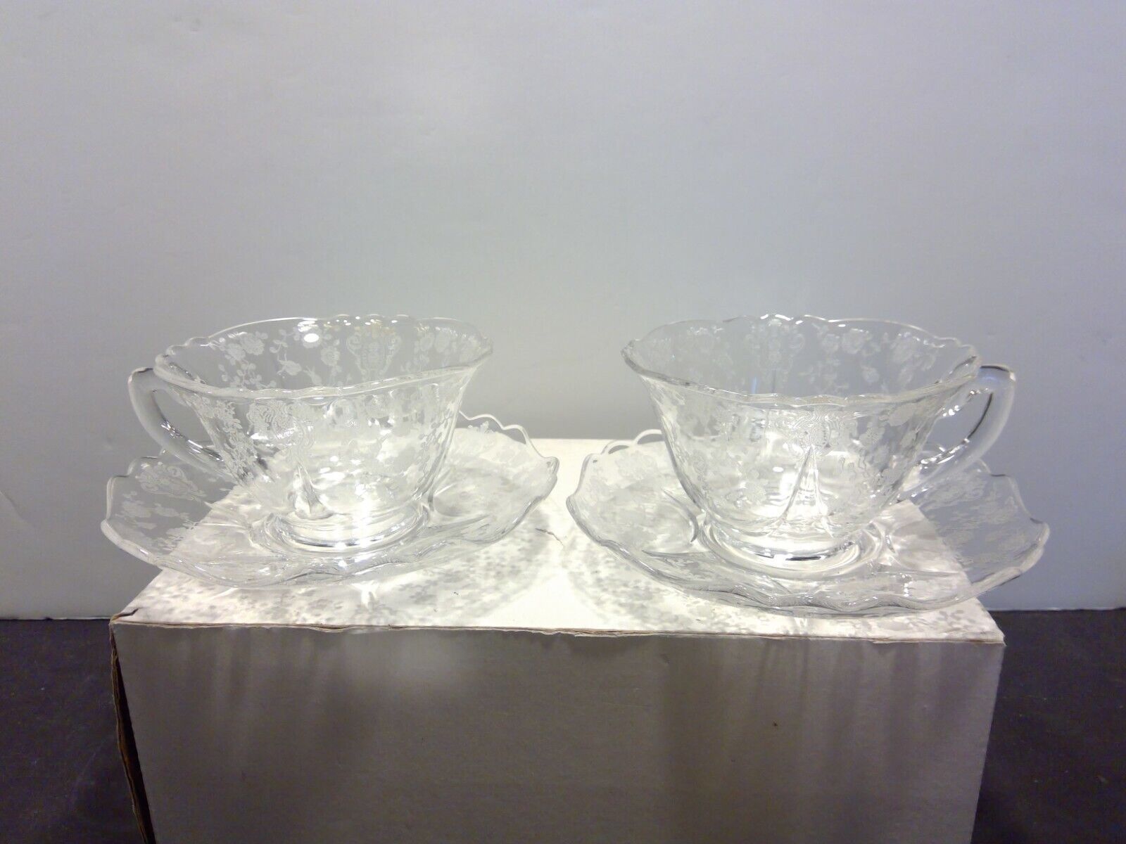 Pair of Cambridge Glass Rose Point Cup and Saucer Sets