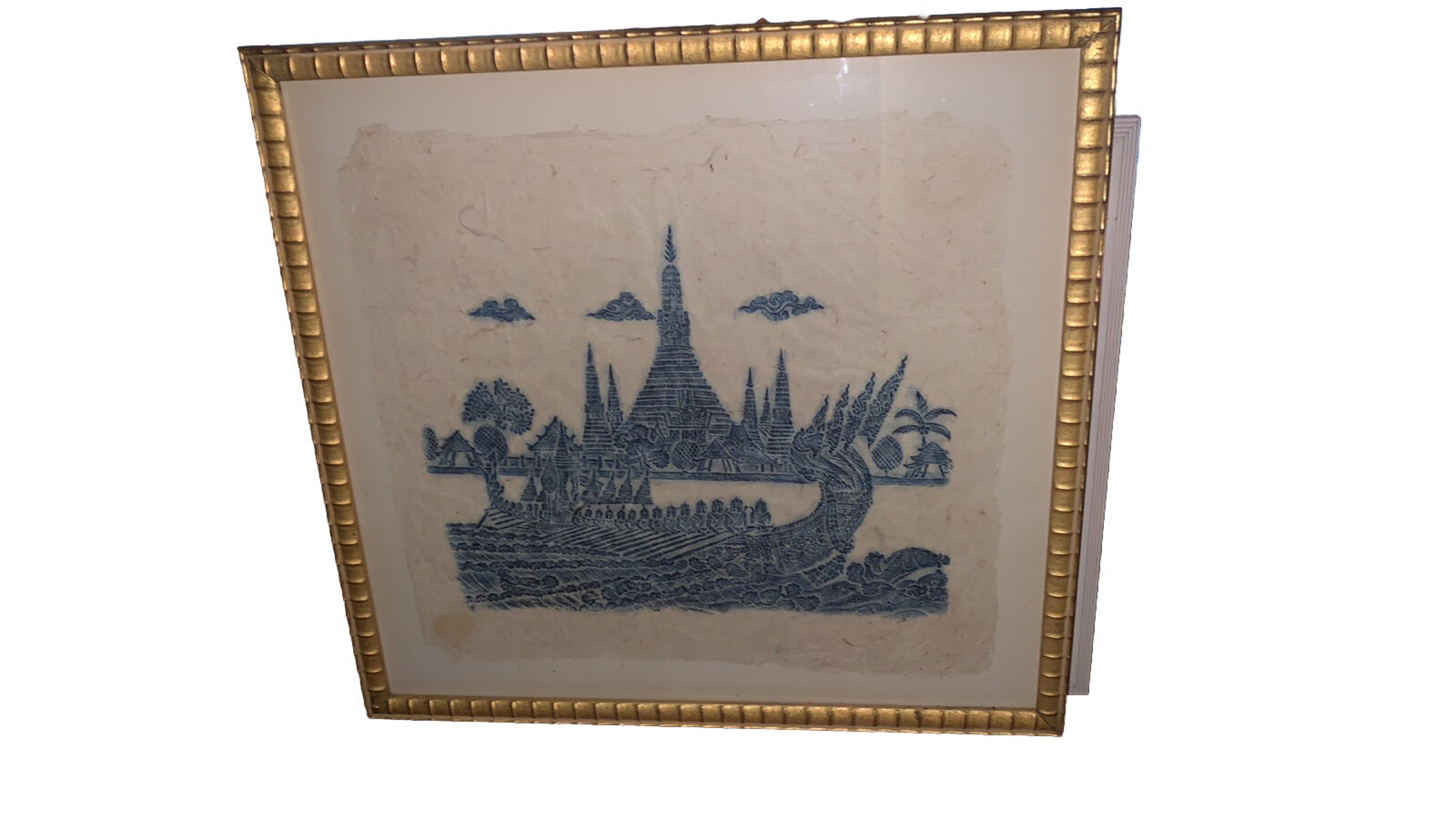 Vintage Thai Buddhist Temple Rubbing Rice Paper Royal Dragon Boat (Gold Frame)