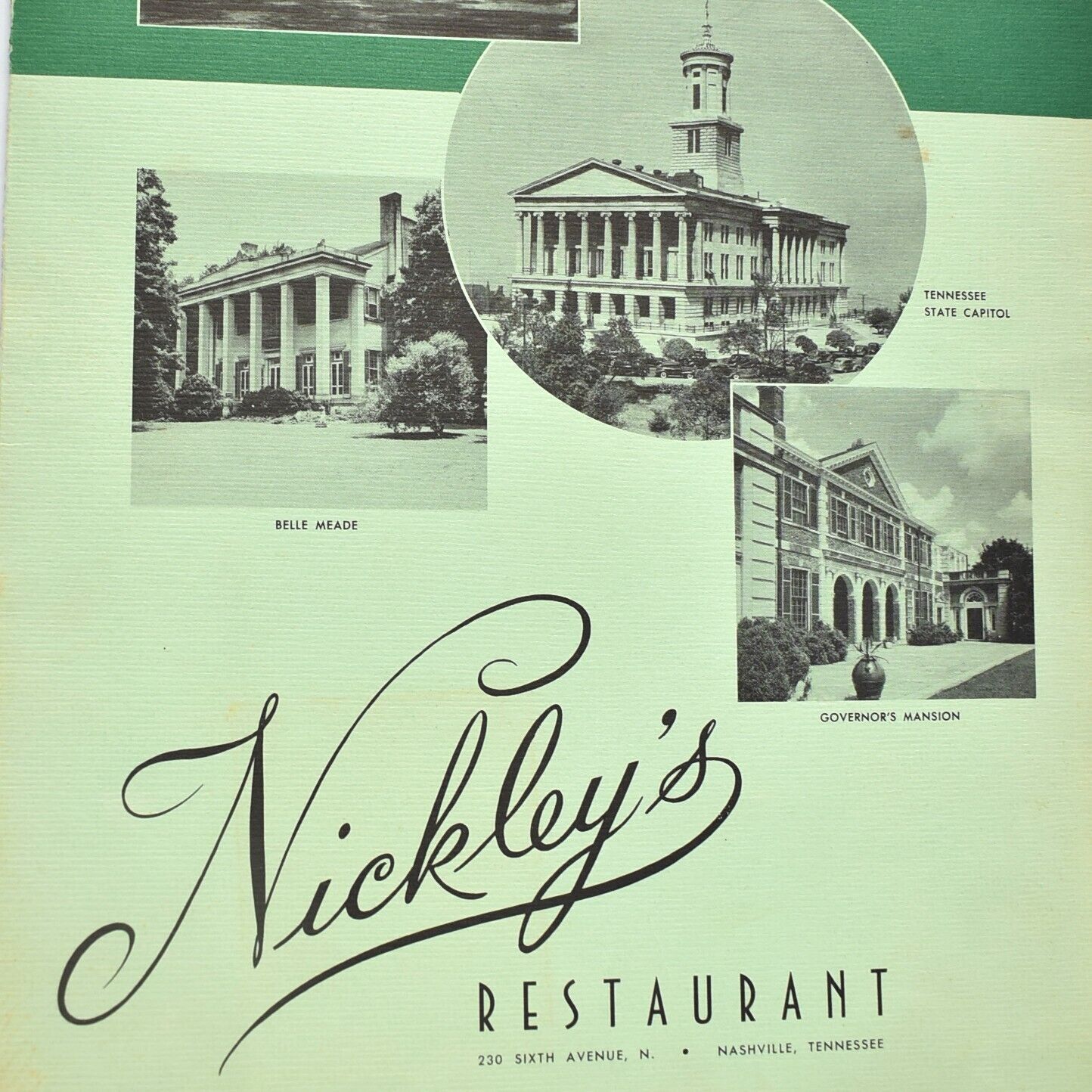 Vintage 1957 Nickley\'s Restaurant 230 Sixth Avenue North Nashville Tennessee