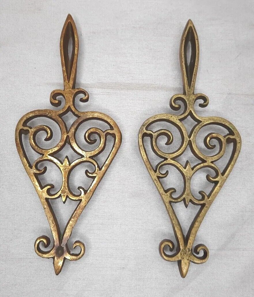 2 Antique Brass Trivets Filigree Pattern Victorian Heart  