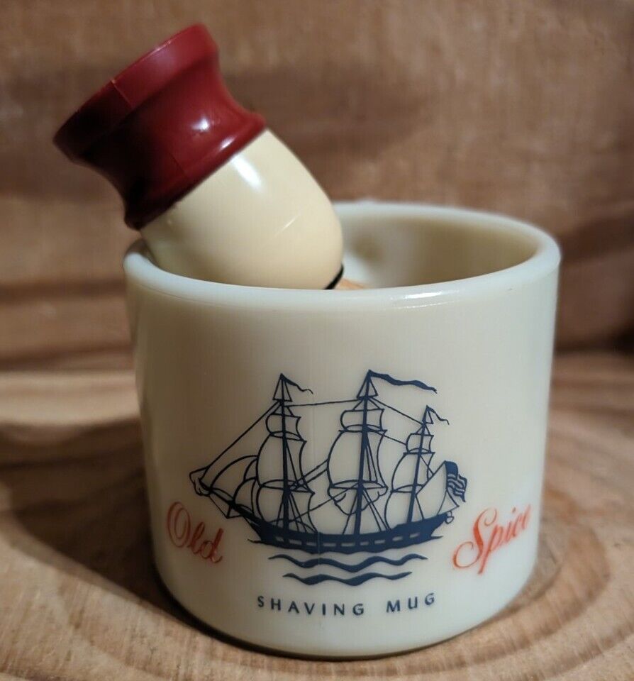 Old Spice Milk Glass Vintage Shaving Mug w/ Brush Shulton USA